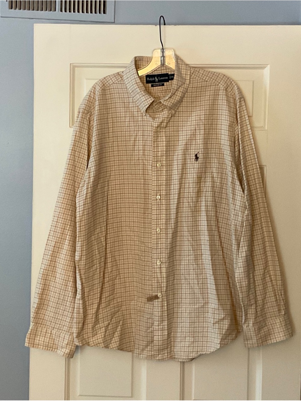 Ralph Lauren Men's XL Button Down Shirt Beige Check 100% Cotton Classic Fit